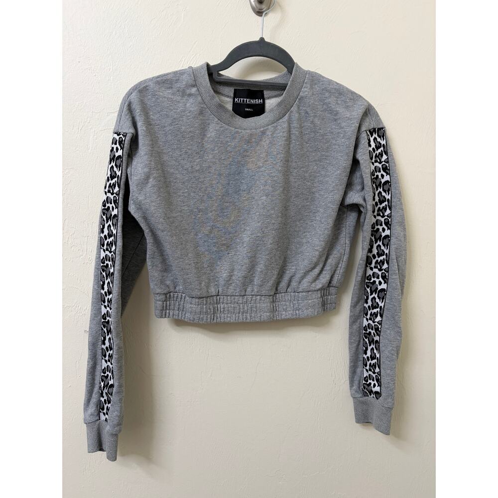 Kittenish Cropped Sweatshirt S Gray Leopard Stripe Sleeve Jessie James Decker - Picture 2 of 9